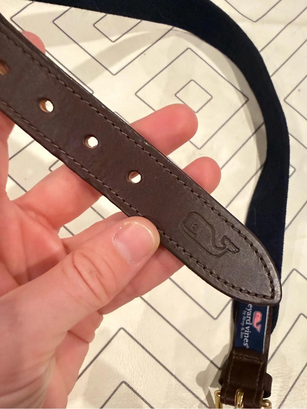 Vineyard Vines Navy Blue & White Whale Belt with Brown Leather Trim